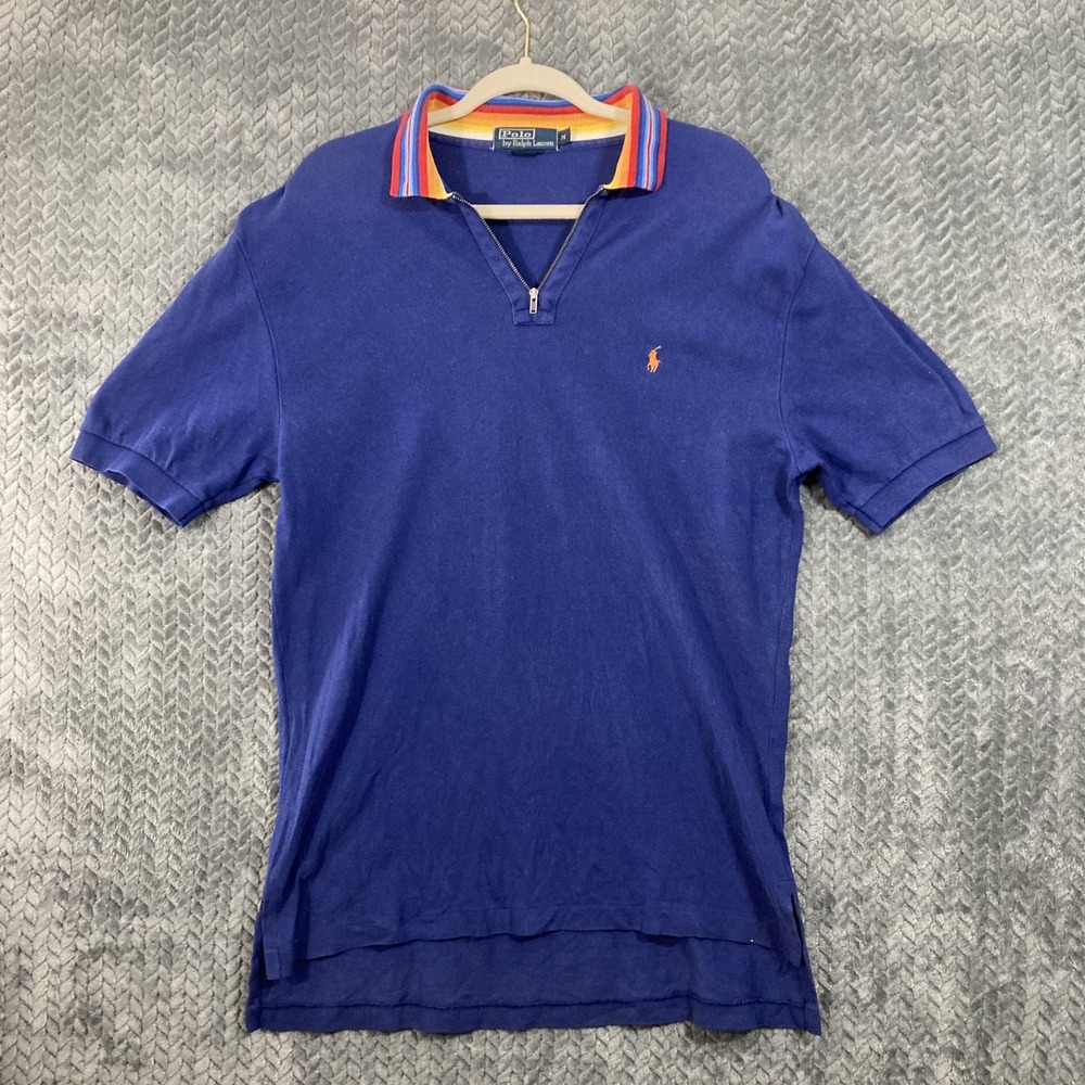 Polo Ralph Lauren Polo Shirt Men M Vintage Blue Zipper Collar Striped Detail